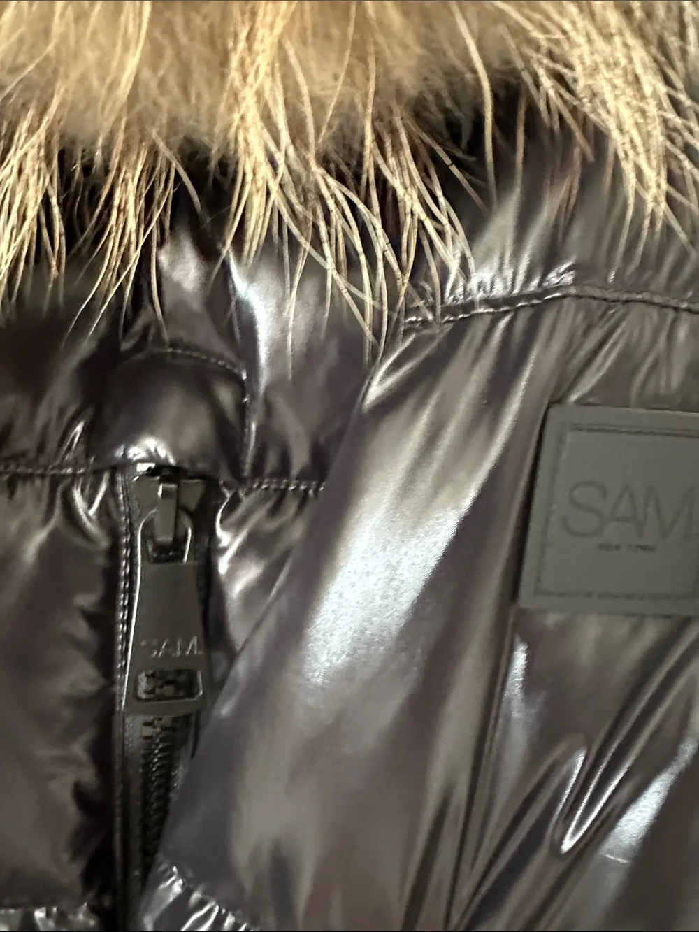 SAM New York Fox Fur-Trim Belted Down Puffer Jacket (Mid-length)